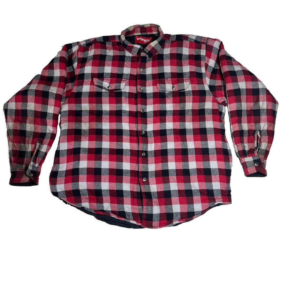 Wrangler Quilted Plaid Flannel Shacket Men's XL Long Red Vintage Hand Pockets